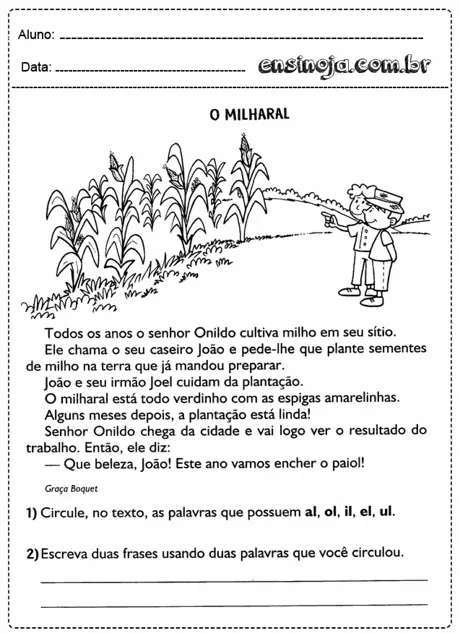 Ilustração de um milharal com um menino apontando para as plantas.