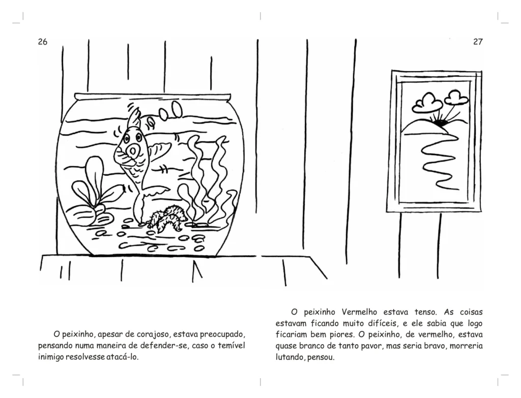Um peixinho em um aquário com plantas aquáticas e uma pintura na parede.