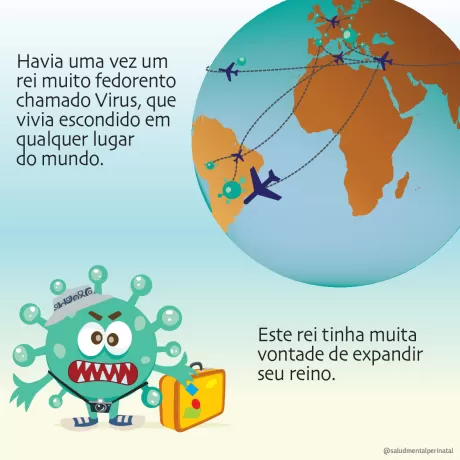 Ilustração de um personagem de vírus com uma mala, representando um rei que deseja expandir seu reino.