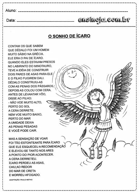 Ilustração de Ícaro voando com asas de penas, rodeado por nuvens e penas caindo.