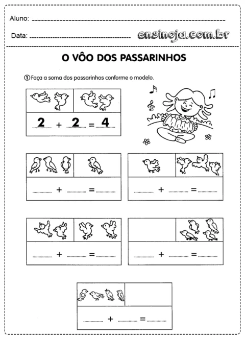 Atividade de matemática com passarinhos para somar.