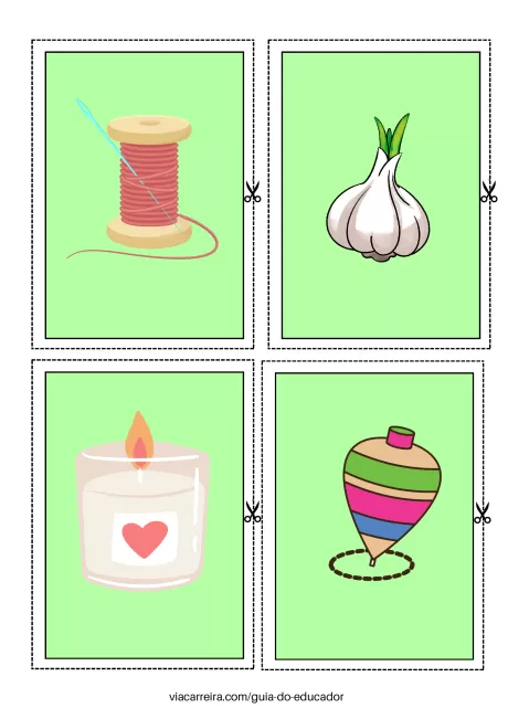 Um carretel de linha, um dente de alho, uma vela com coração e um pião colorido.