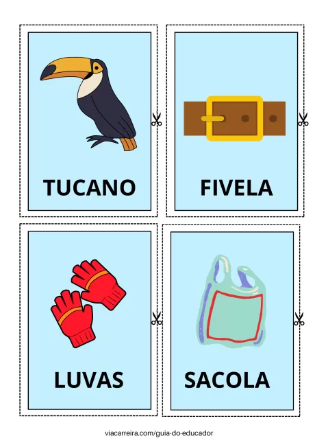 Ilustrações de um tucano, uma fivela, luvas e uma sacola