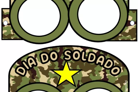 Óculos de papel camuflados com a inscrição 'Dia do Soldado' e uma estrela amarela.