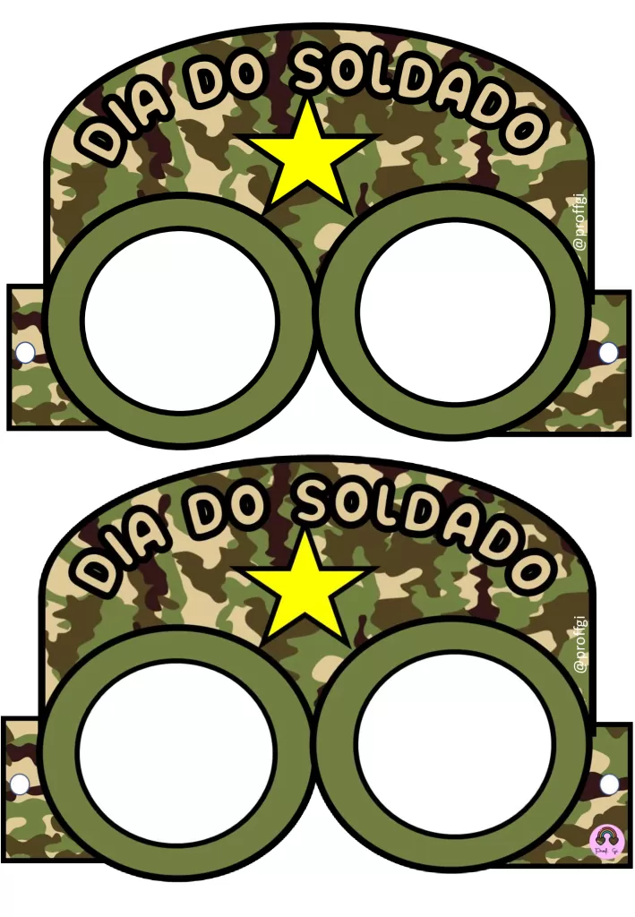 Óculos de papel camuflados com a inscrição 'Dia do Soldado' e uma estrela amarela.