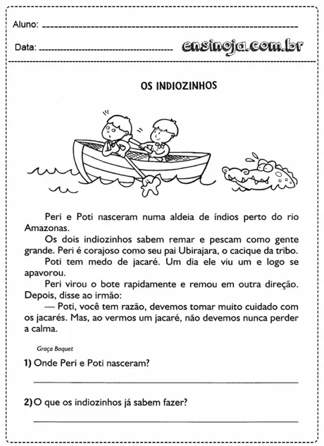 Ilustração de duas crianças em um barco no rio, com um jacaré na água.