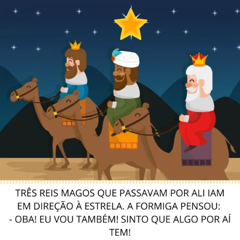 Três Reis Magos montados em camelos, seguindo uma estrela.