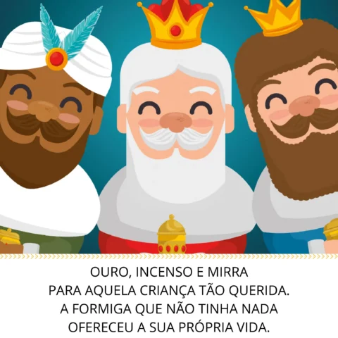 Ilustração dos Três Reis Magos com coroas e trajes tradicionais.