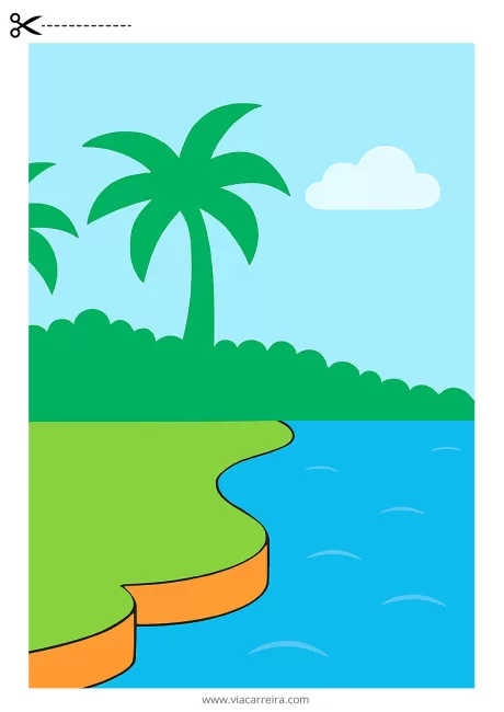 Ilustração de uma paisagem tropical com palmeiras, céu azul e água.