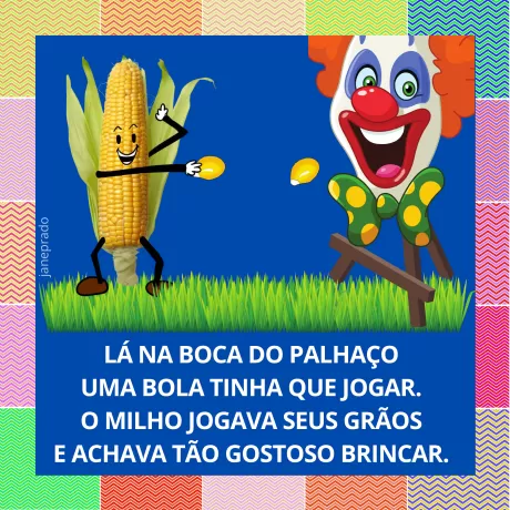 Um palhaço colorido ao lado de um milho animado, ambos interagindo de forma divertida em um cenário colorido.