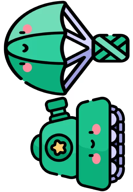 Ilustração de um paraquedas verde e um tanque de guerra verde com rostos sorridentes.