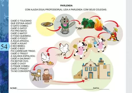 Ilustração de uma parlenda com personagens e elementos da natureza.