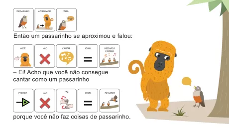 Um macaco laranja conversando com um passarinho, com símbolos de comparação entre eles.