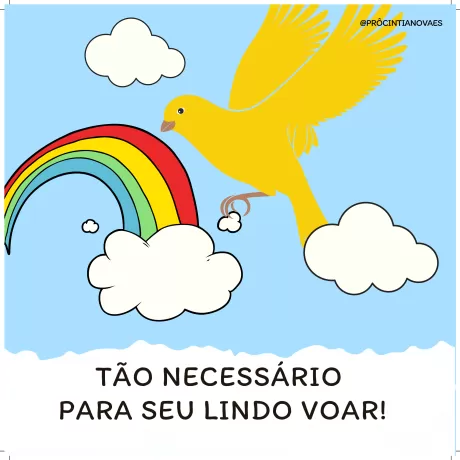 Um pássaro amarelo voando sob um arco-íris e nuvens brancas em um céu azul.
