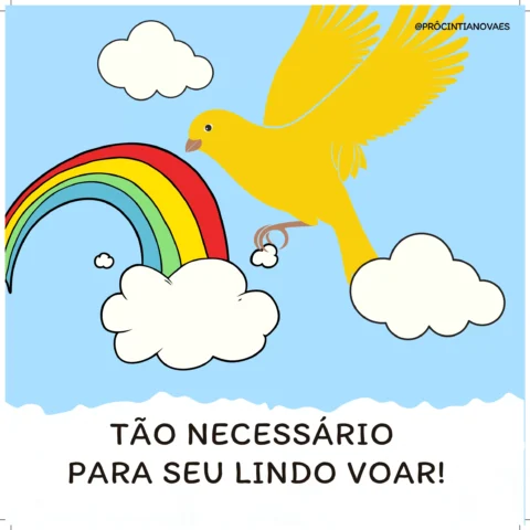 Um pássaro amarelo voando sob um arco-íris e nuvens brancas em um céu azul.