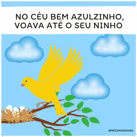 Um pássaro amarelo voando em um céu azul com nuvens brancas e um ninho com ovos em uma árvore.