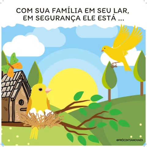 Um pássaro amarelo em um ninho com uma casa ao fundo e um sol nascente.