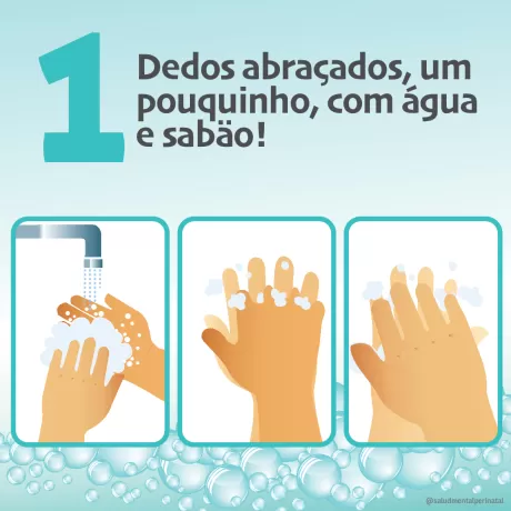 Instruções ilustradas sobre como lavar as mãos corretamente, mostrando água e sabão.