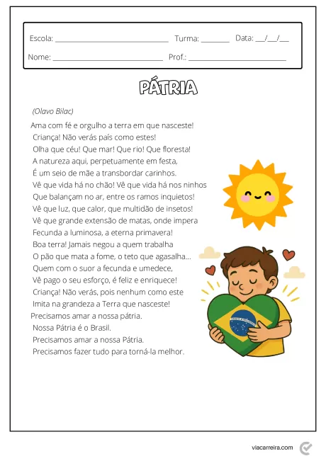 Criança segurando um coração com a bandeira do Brasil, ao lado de um sol sorridente e elementos naturais.