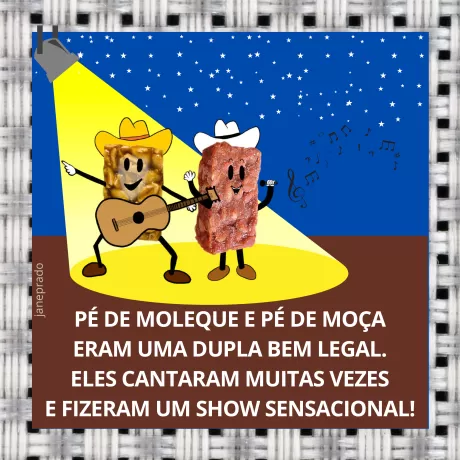 Dois doces animados, Pé de Moleque e Pé de Moça, cantando sob um céu estrelado.