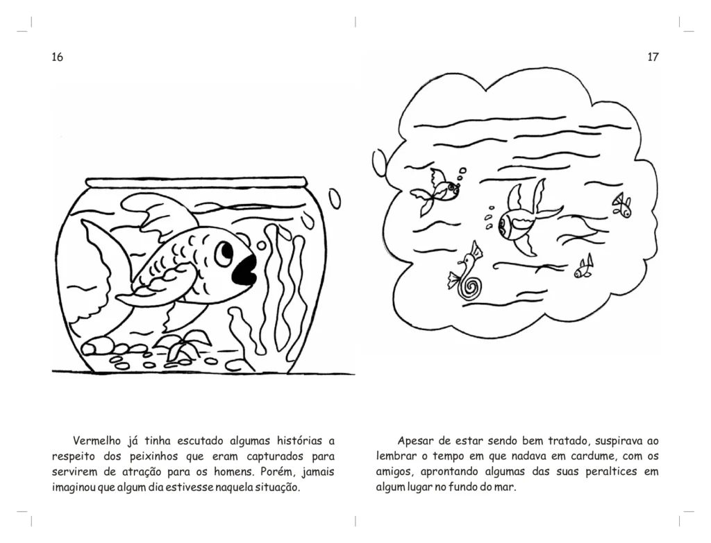 Desenho de um peixe em um aquário e peixes nadando em um fundo do mar.