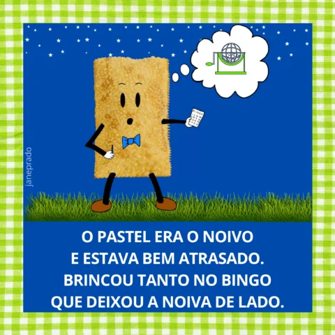 Um biscoito com braços e pernas, usando um gravata borboleta, segurando um papel e pensando em um globo terrestre, em um fundo de grama e uma borda xadrez verde.