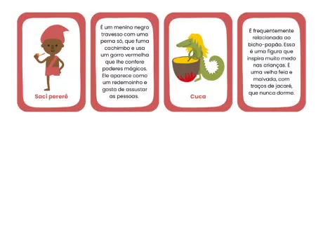Cartões ilustrativos com personagens do folclore brasileiro: Saci Pererê e Cuca.