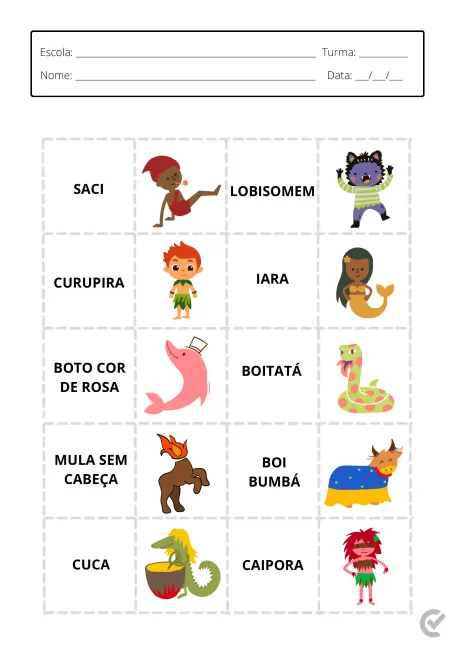 Ilustrações de personagens do folclore brasileiro, incluindo Saci, Lobisomem, Curupira, Iara, Boto Cor de Rosa, Boitatá, Mula Sem Cabeça, Boi Bumbá, Cuca e Caipora.