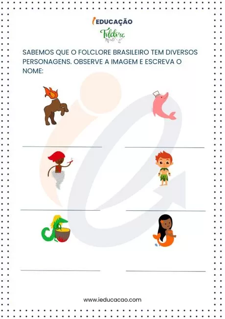 Ilustrações de personagens do folclore brasileiro para atividade escolar.