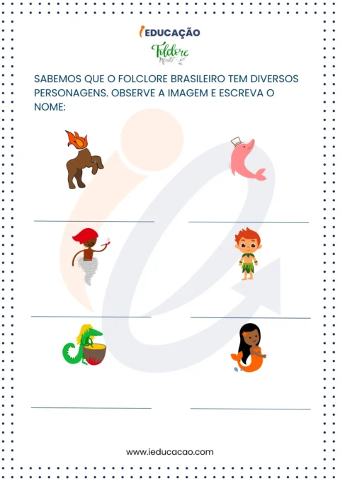 Ilustrações de personagens do folclore brasileiro para atividade escolar.