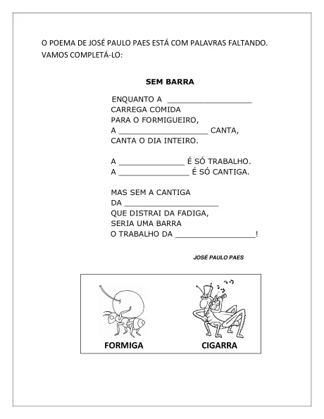 Imagem de um poema de José Paulo Paes com palavras faltando para completar.