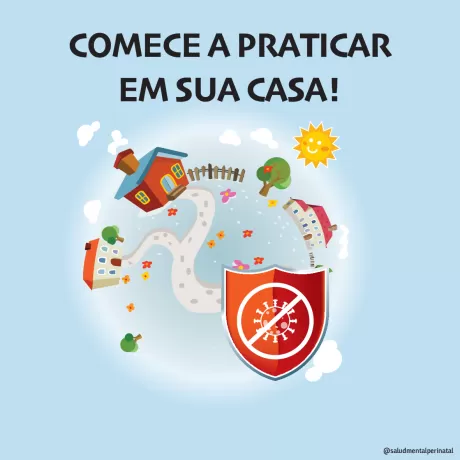 Ilustração colorida de uma casa com um caminho, árvores e um sol, com um símbolo de proibição de vírus.