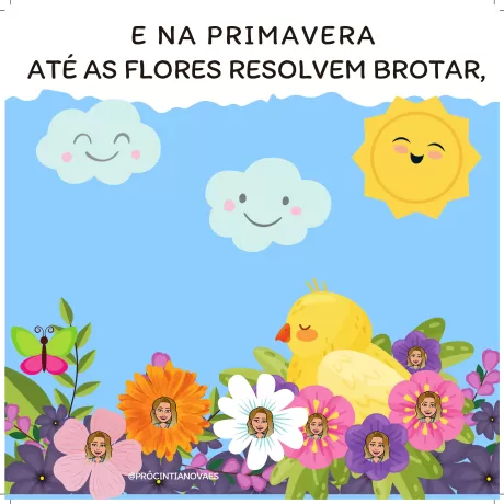 Ilustração colorida de primavera com flores, um sol sorridente, nuvens e um passarinho.