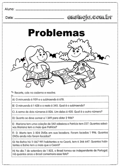 Atividade de problemas matemáticos com crianças desenhadas.