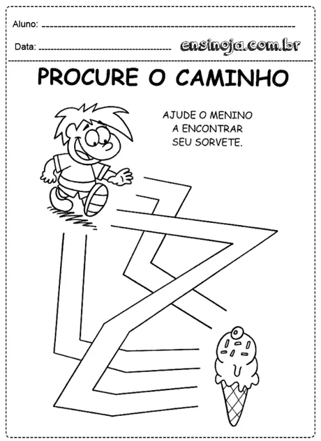 Atividade de labirinto para crianças, onde um menino deve encontrar o caminho para seu sorvete.