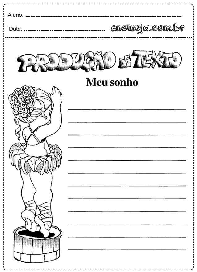 Desenho de uma bailarina com um caderno para produção de texto.
