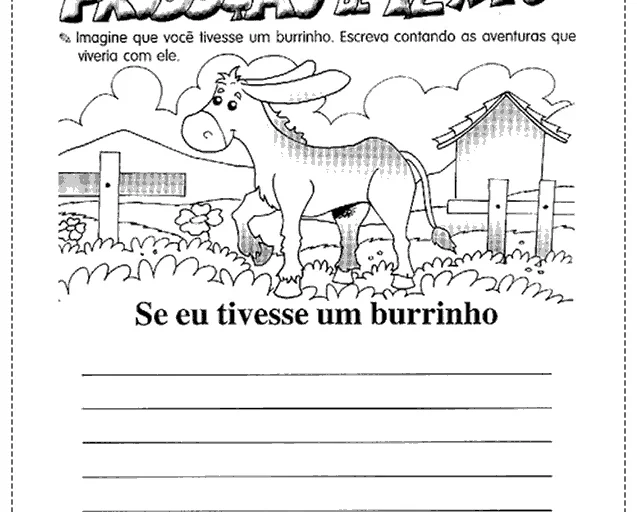 Desenho de um burrinho com espaço para produção de texto.