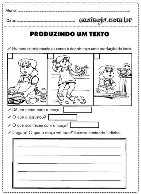 Atividade de produção de texto com ilustrações de uma moça em diferentes situações.