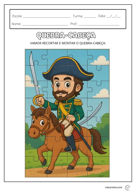 Ilustração de um personagem histórico montado em um cavalo, segurando uma espada, em um quebra-cabeça.