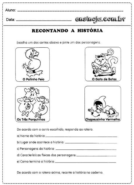 Atividade de contação de histórias com personagens de contos infantis.