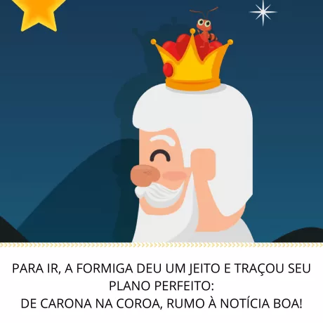 Ilustração de um rei com uma coroa e uma formiga em cima dela, com fundo noturno.