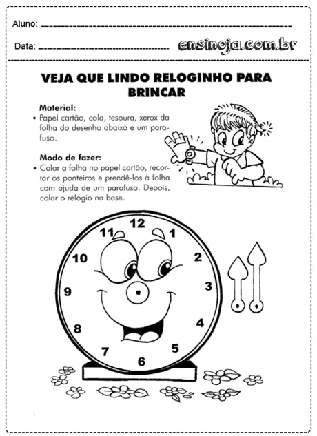 Desenho de um relógio sorridente com ponteiros e instruções para montagem.