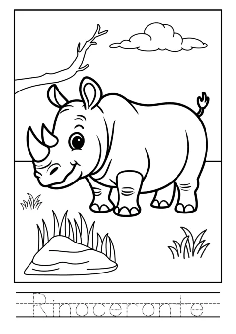 Desenho de um rinoceronte em um cenário natural, pronto para ser colorido.
