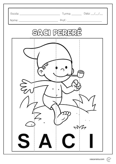 Desenho do Saci Pererê, personagem folclórico brasileiro, caminhando em um campo.