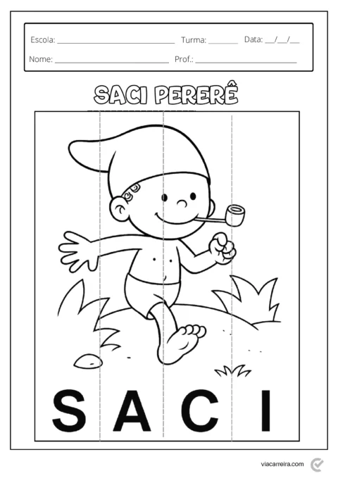 Desenho do Saci Pererê, personagem folclórico brasileiro, caminhando em um campo.