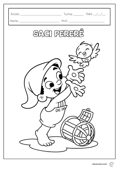 Desenho do Saci Pererê brincando com um passarinho