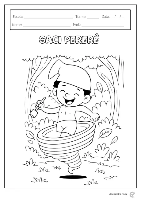 Desenho do Saci Pererê girando em um redemoinho, com um fundo de floresta.