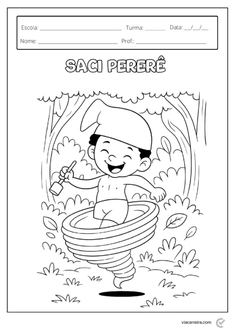 Desenho do Saci Pererê girando em um redemoinho, com um fundo de floresta.