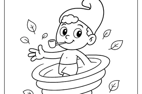 Desenho do Saci Pererê em um redemoinho, com folhas ao redor.