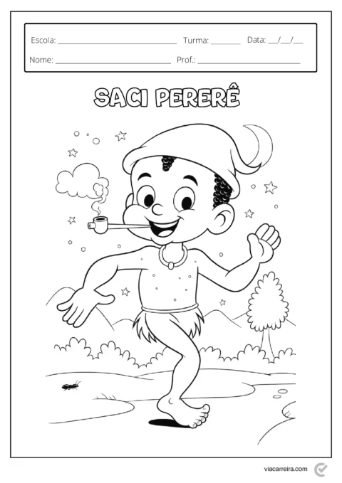 Desenho do Saci Pererê, personagem folclórico brasileiro, com um pé, usando um chapéu e fumando um cachimbo.